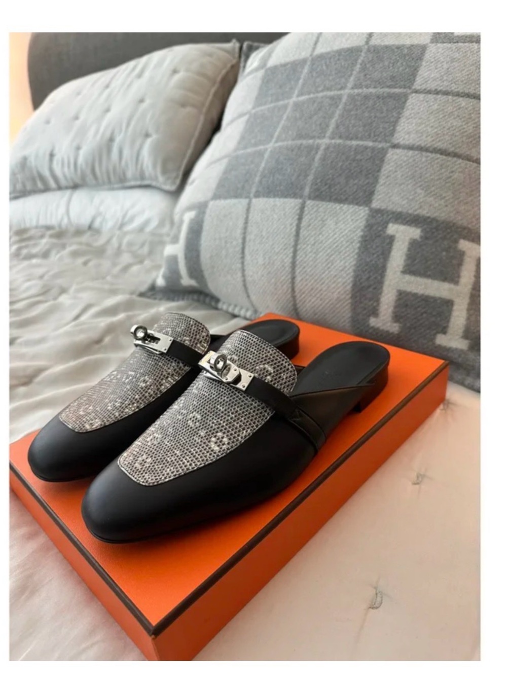 Hermes Black Leather and Gray Patterned Slip-On Loafers with Silver Buckle